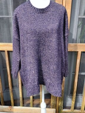 Eileen Fisher Oversized Cotton And Wool Pullover Sweater In Navy And Tan
